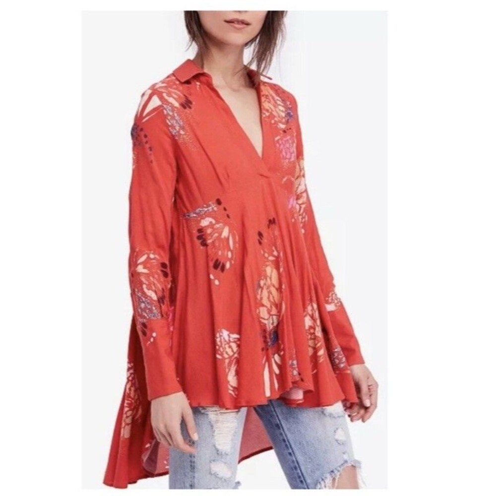Free People Field Butterflies Top Small Red Orange Floral Cottage Boho Romantic